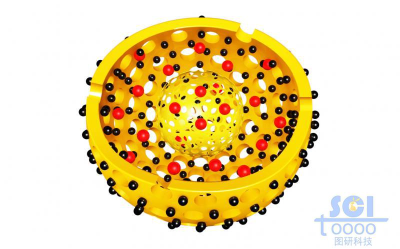 帶二分之一切口的雙層介孔球/硅球/納米顆粒內(nèi)腔帶DOX藥物，外層附著雜質(zhì)顆粒