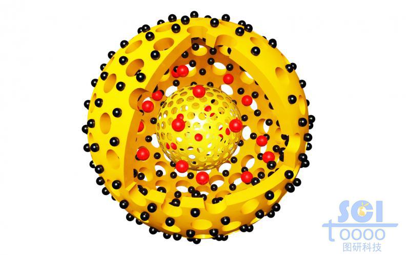 帶八分之一切口的雙層介孔球/硅球/納米顆粒內(nèi)腔帶DOX藥物，外層附著雜質(zhì)顆粒