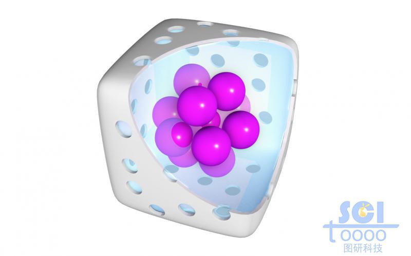 帶八分之一切口示意的方形介孔納米顆粒內(nèi)包裹藥物