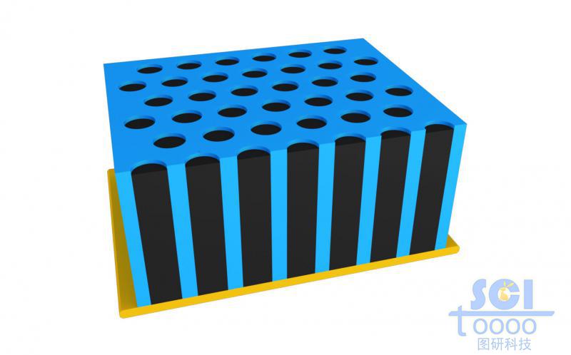 前端帶剖面的納米孔道及孔道內(nèi)生長納米柱的示意圖