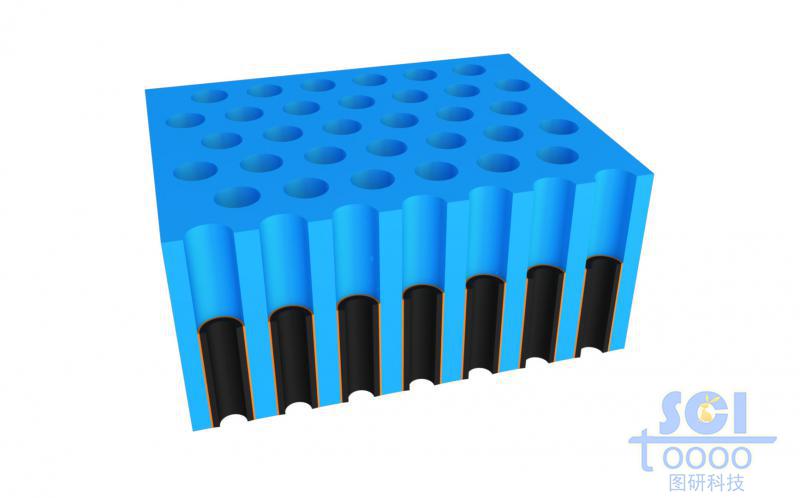 前端帶剖面的納米孔道及孔道內(nèi)生長(zhǎng)納米柱的示意圖