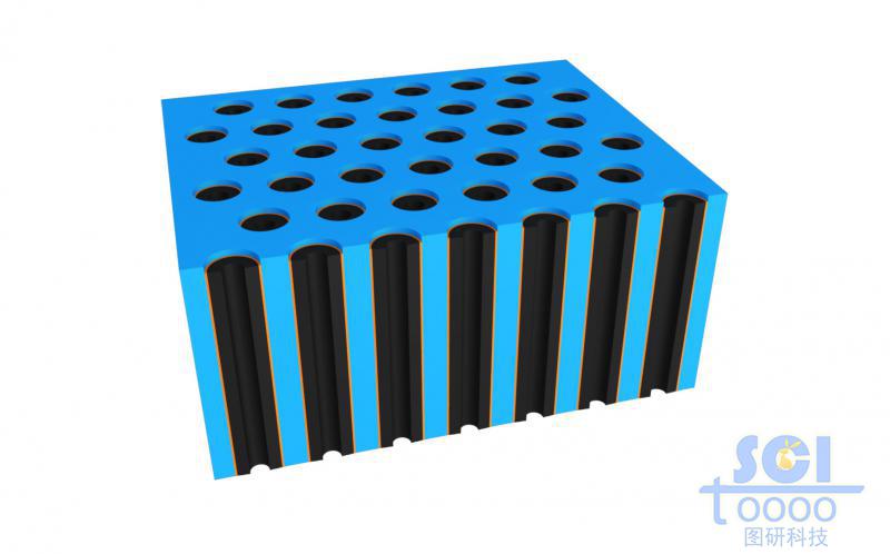 前端帶剖面的納米孔道及孔道內(nèi)生長(zhǎng)納米柱的示意圖