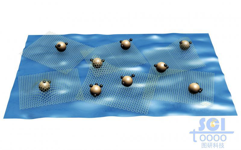 起伏的石墨烯表面附著帶聚合物的硅顆粒